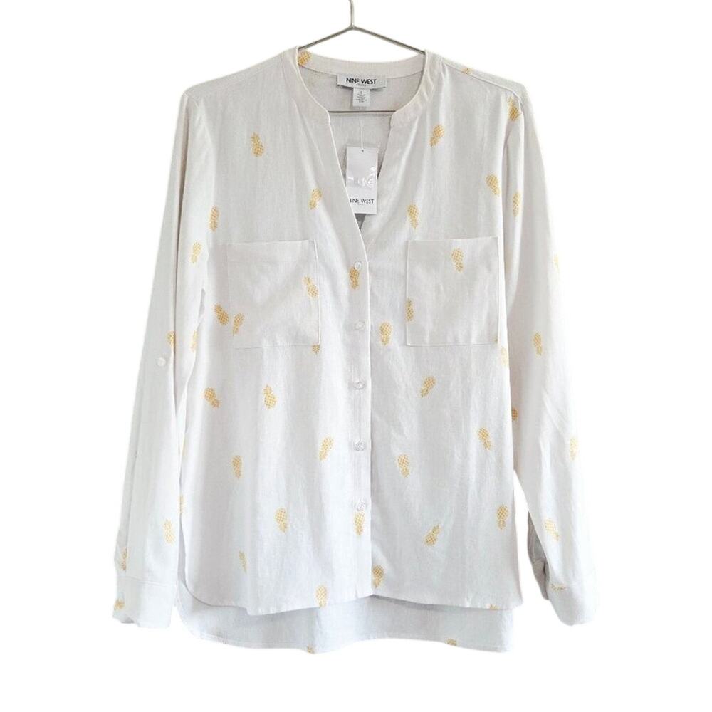 Nine West Button Down Long Sleeve Blouse Linen Blend Pineapple Print Small